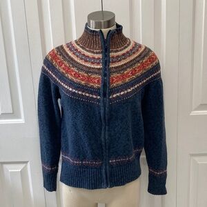 Tiara International Cardigan Zip-front Sweater Blue and Brown Patterned Sweater